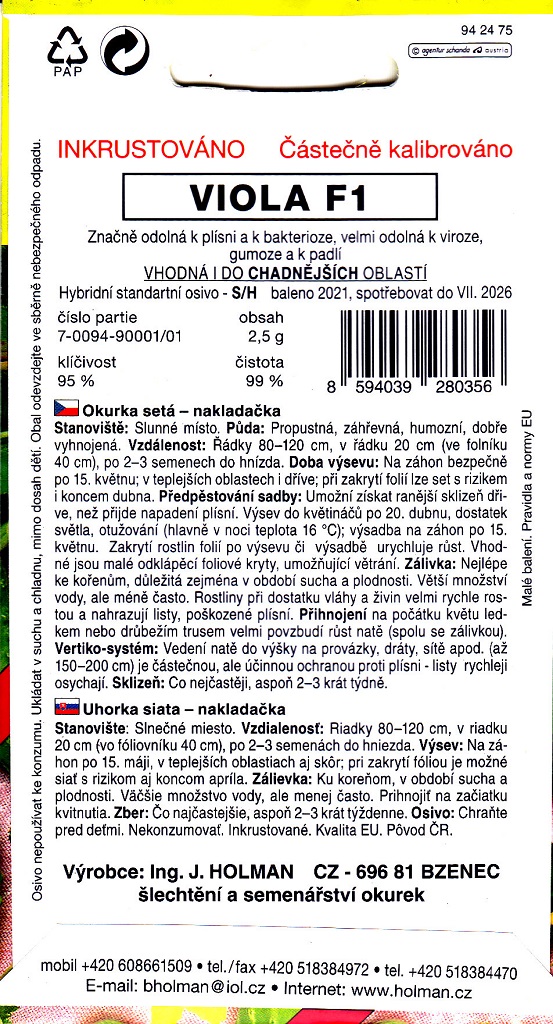 Okurka nakladačka Viola F1 - hruboostná, odolná chladu a plísni (pěstování)