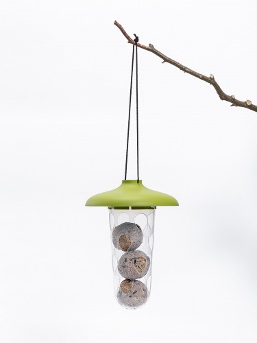 Krmítko a pítko pro venkovní ptactvo Robin - sada 3v1, zelená barva, zásobník na lojové koule (ukázka)