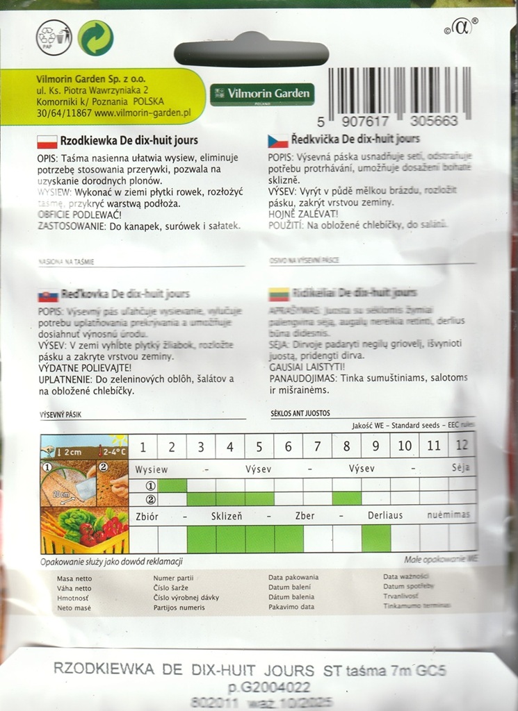 Ředkvička De dix-huit jours - červenobílá, na výsevném pásku (pěstování)